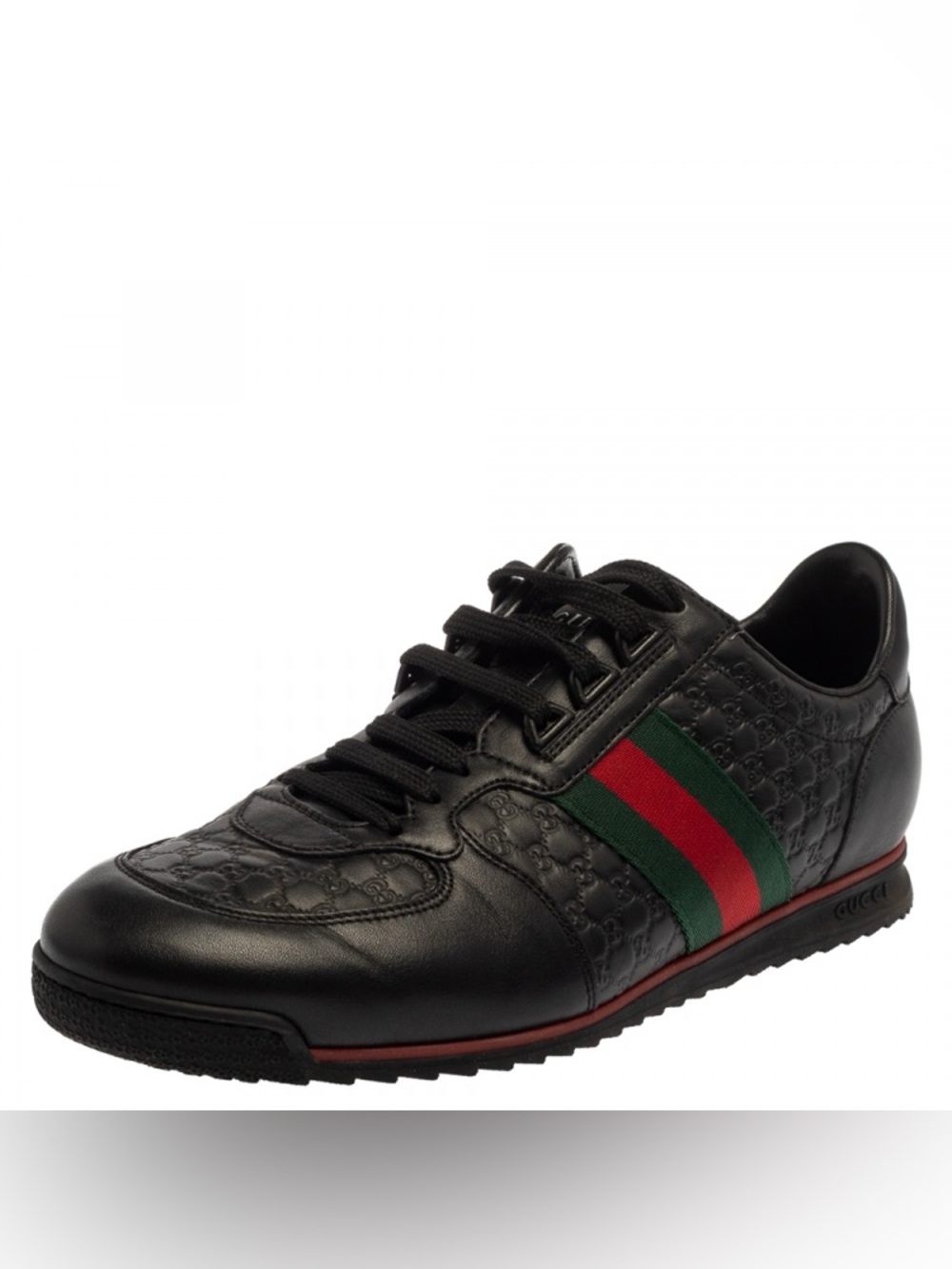 Gucci Black Leather Sneaker with Green and Red Web Stripe men’s  size 9